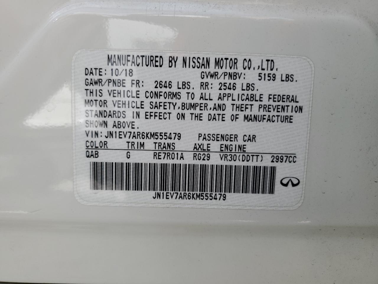 2019 Infiniti Q50 Luxe VIN: JN1EV7AR6KM555479 Lot: 71084344