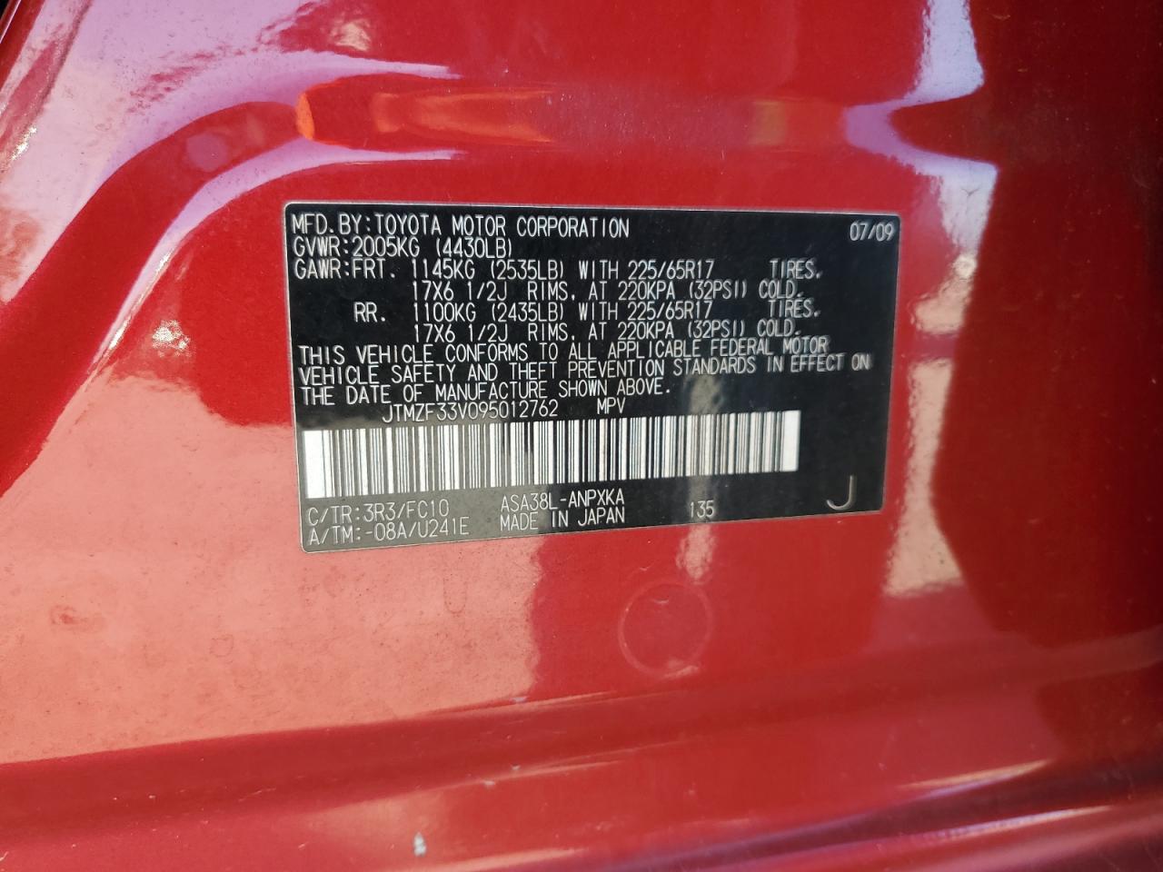 JTMZF33V095012762 2009 Toyota Rav4