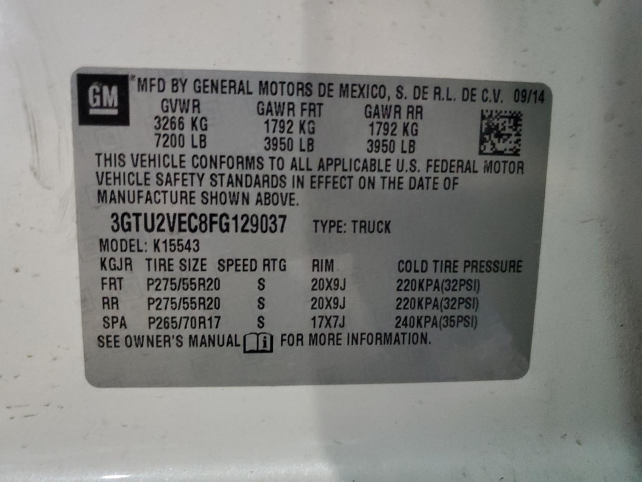 3GTU2VEC8FG129037 2015 GMC Sierra K1500 Slt