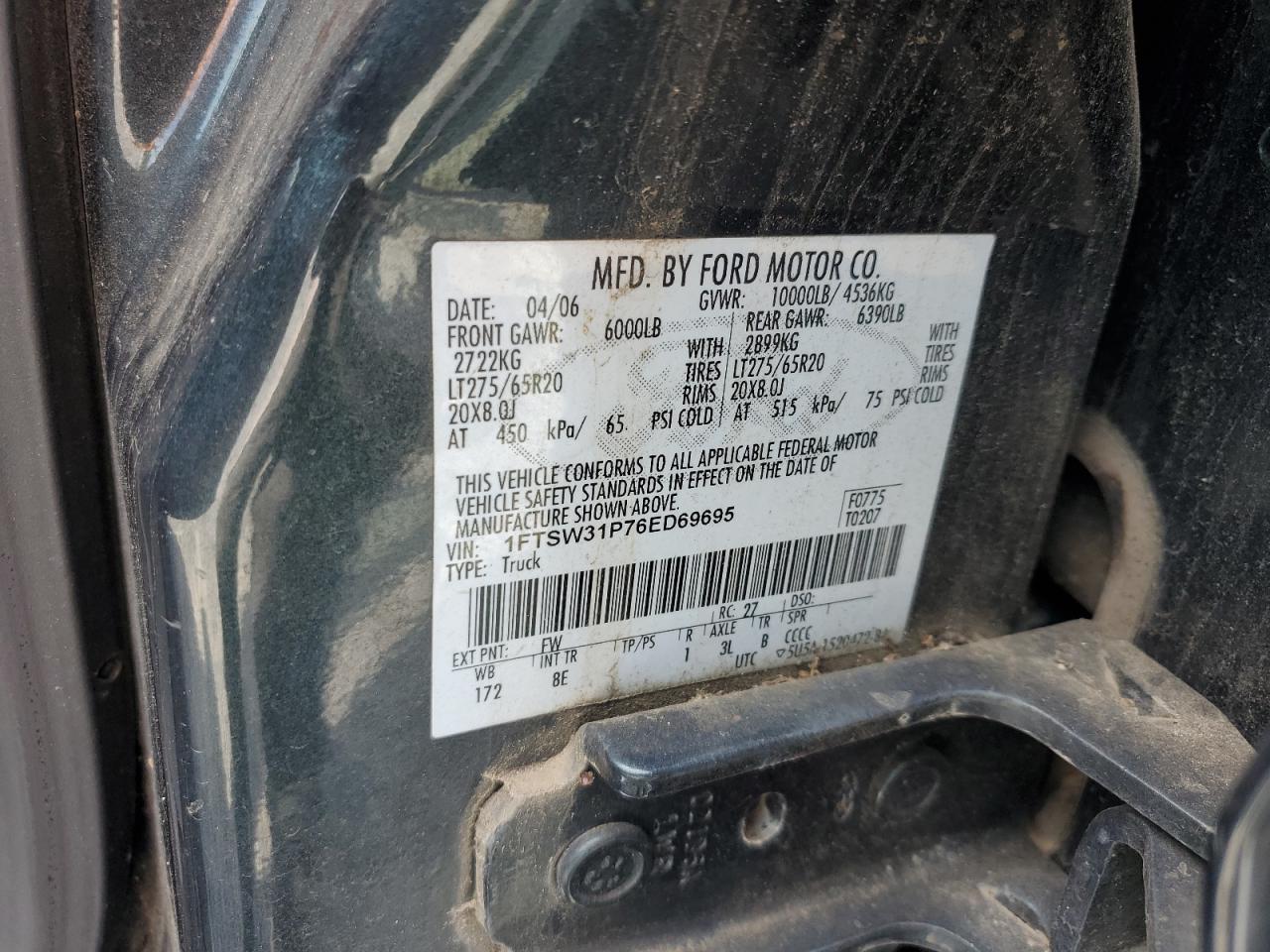 1FTSW31P76ED69695 2006 Ford F350 Srw Super Duty