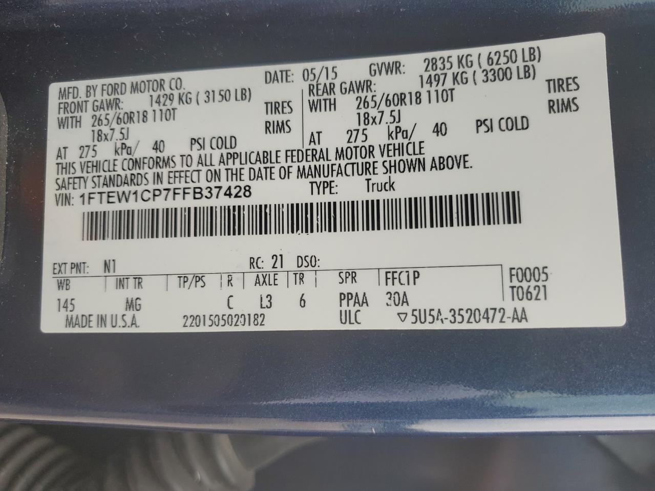 2015 Ford F150 Supercrew VIN: 1FTEW1CP7FFB37428 Lot: 70438164