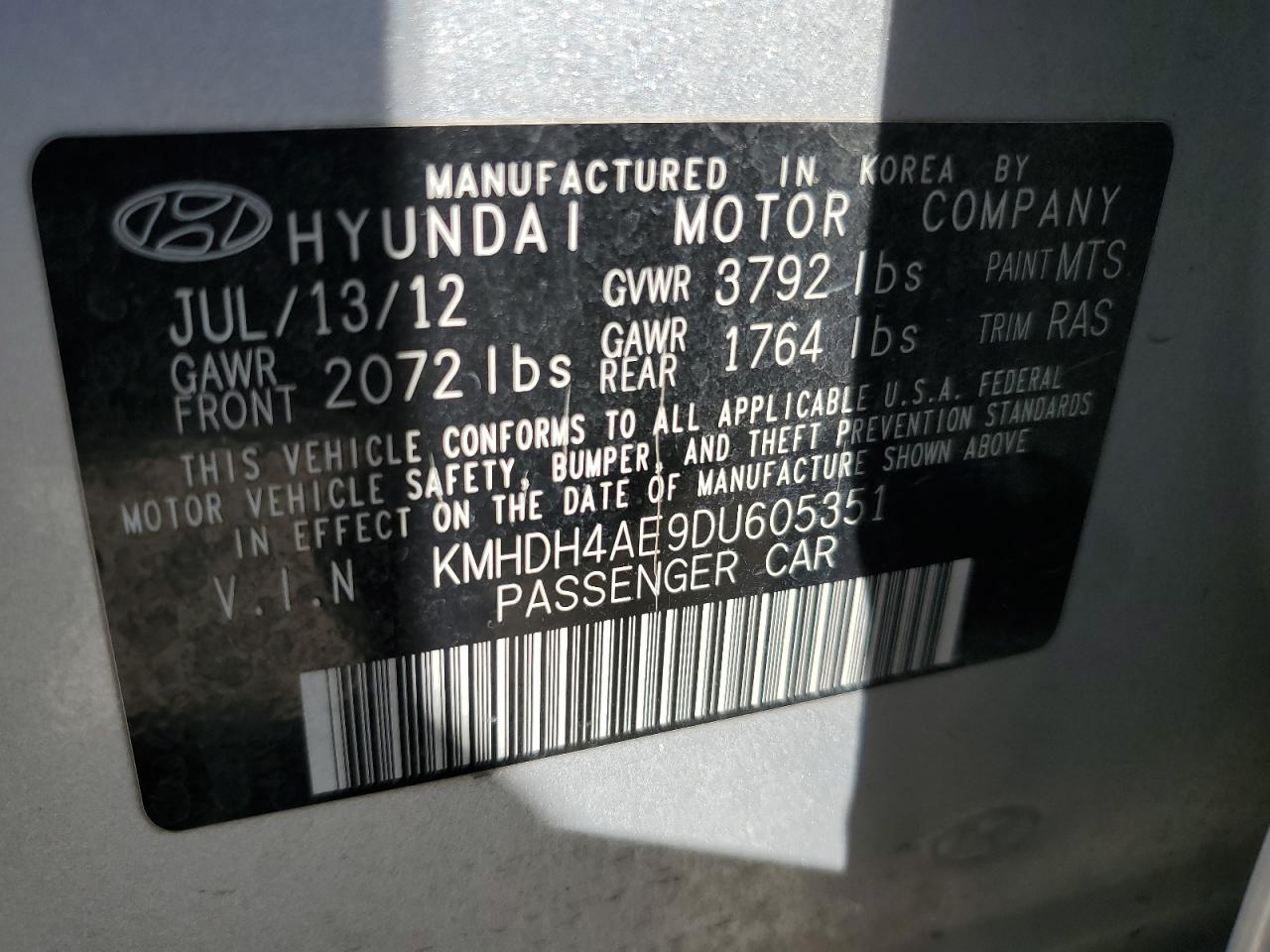 KMHDH4AE9DU605351 2013 Hyundai Elantra Gls