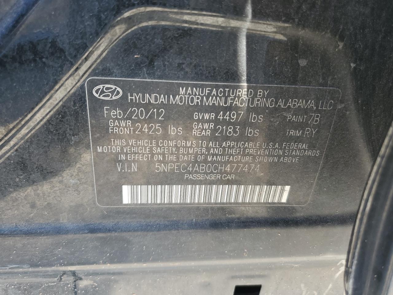 5NPEC4AB0CH477474 2012 Hyundai Sonata Se