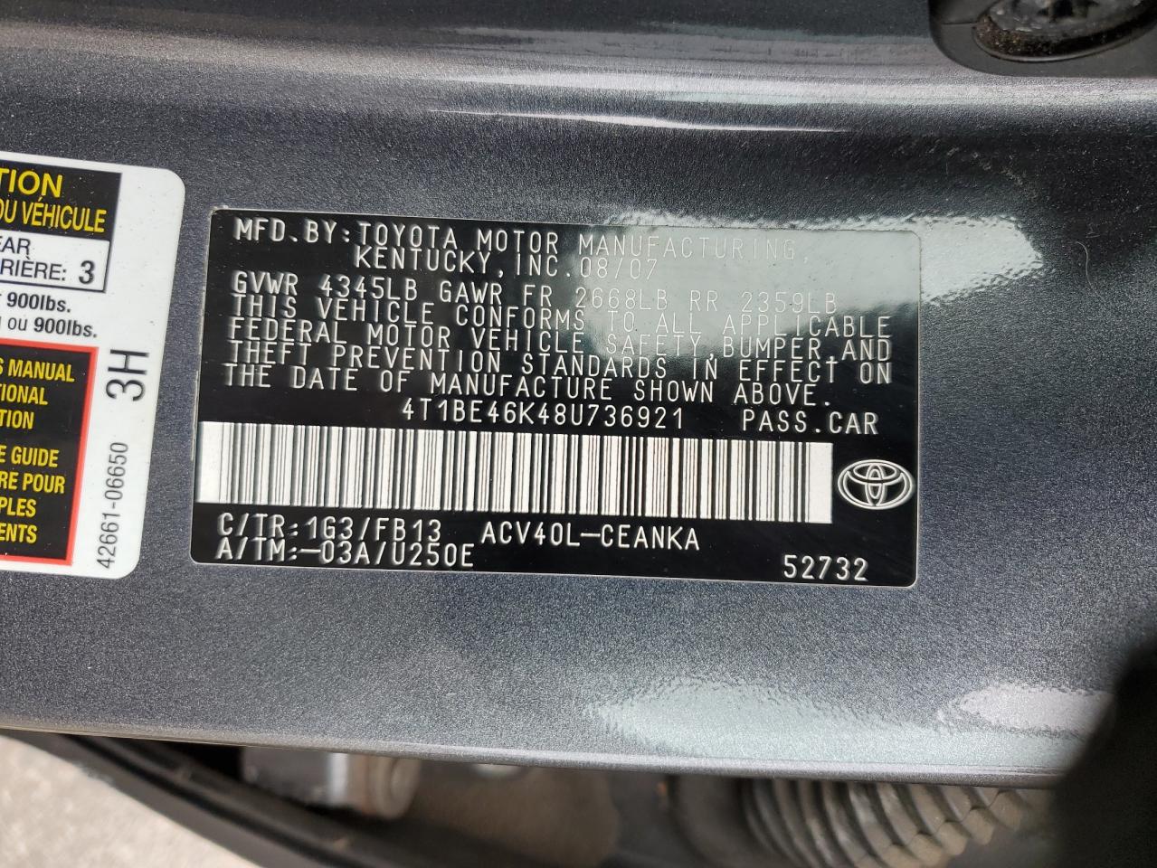 4T1BE46K48U736921 2008 Toyota Camry Ce