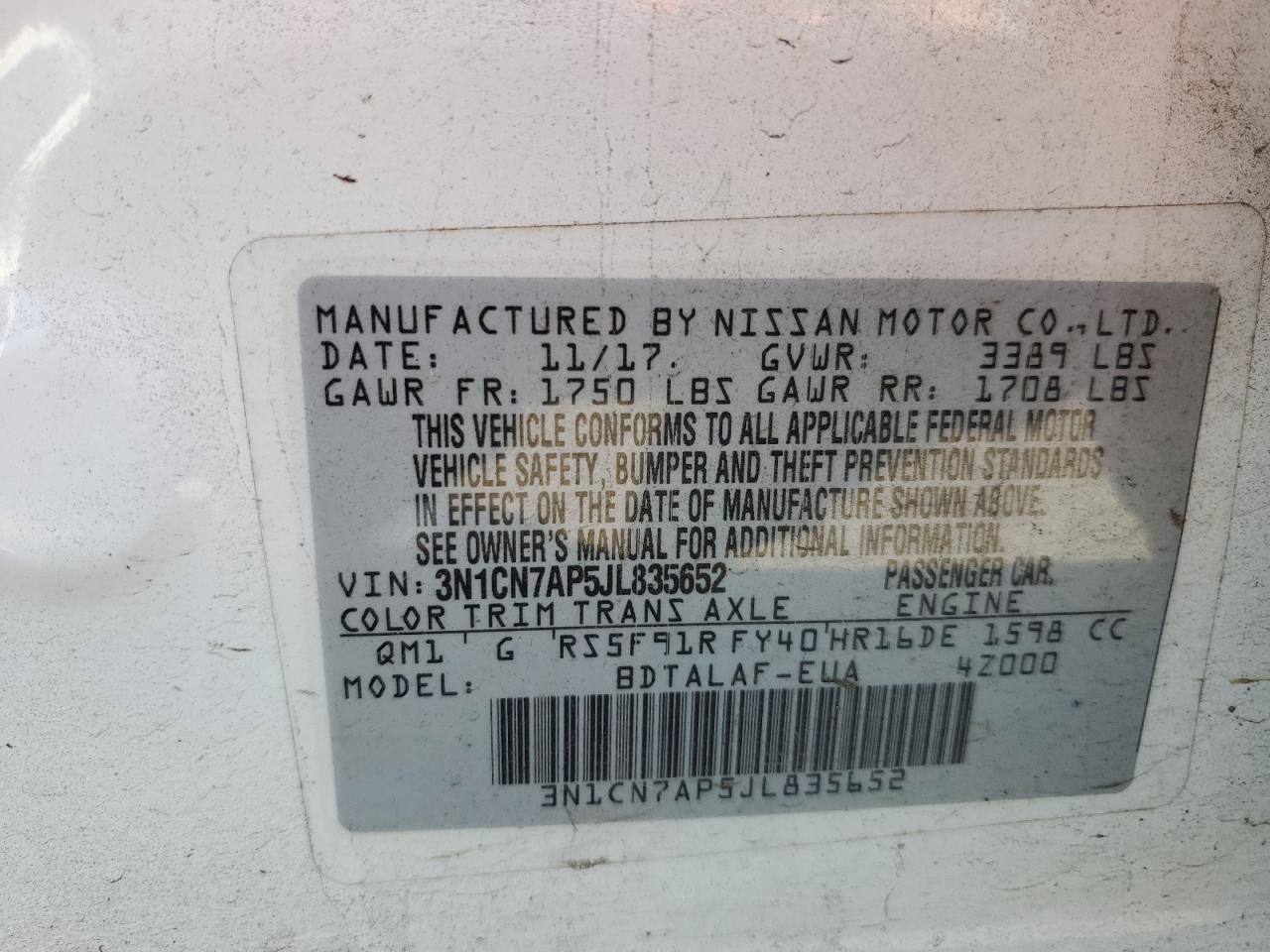 3N1CN7AP5JL835652 2018 Nissan Versa S