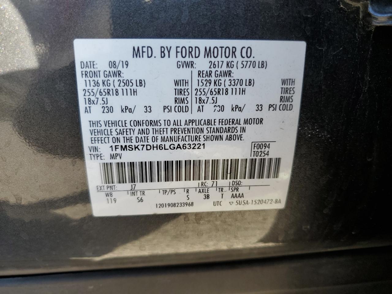 2020 Ford Explorer Xlt VIN: 1FMSK7DH6LGA63221 Lot: 75064564