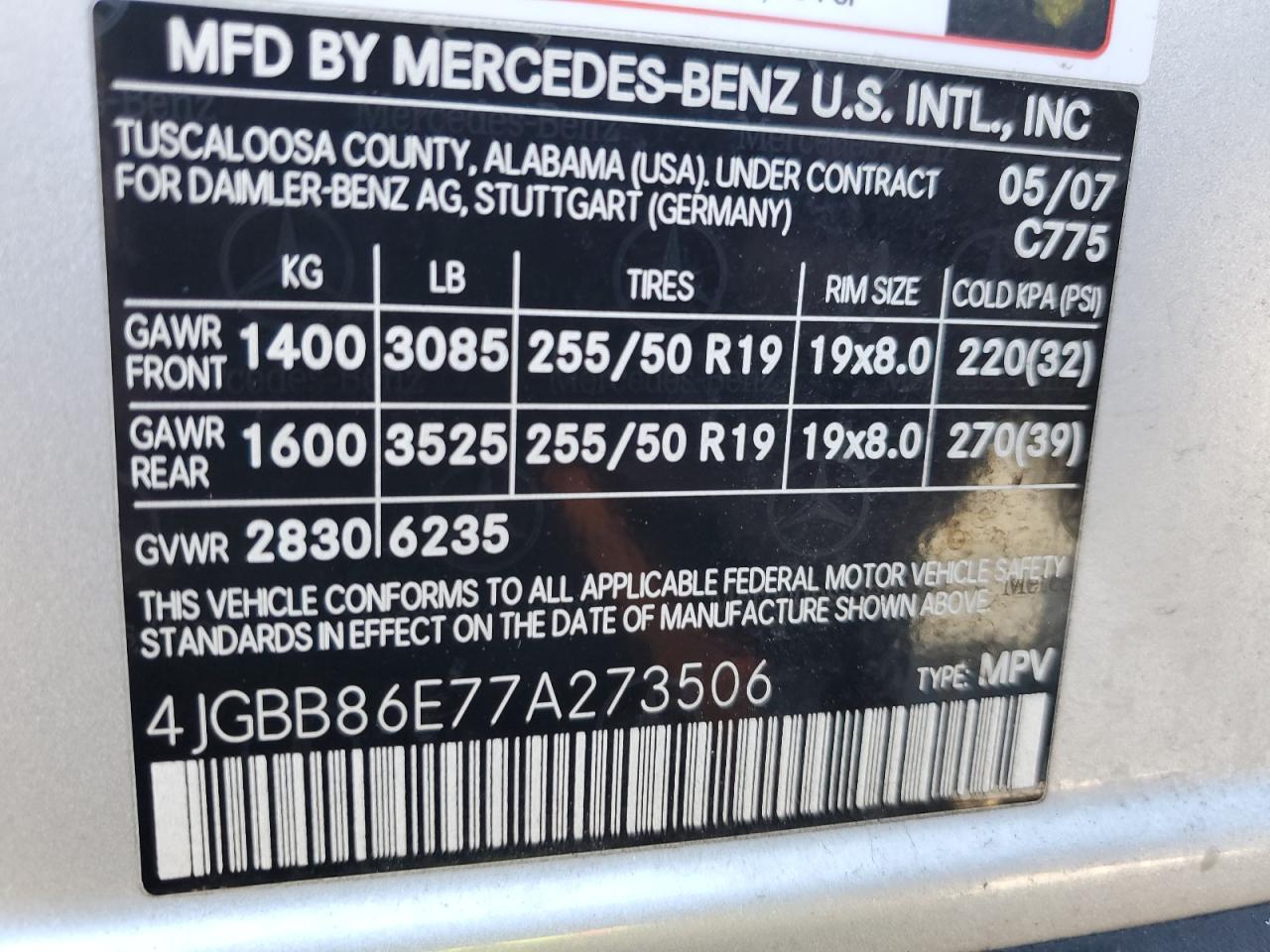 4JGBB86E77A273506 2007 Mercedes-Benz Ml 350