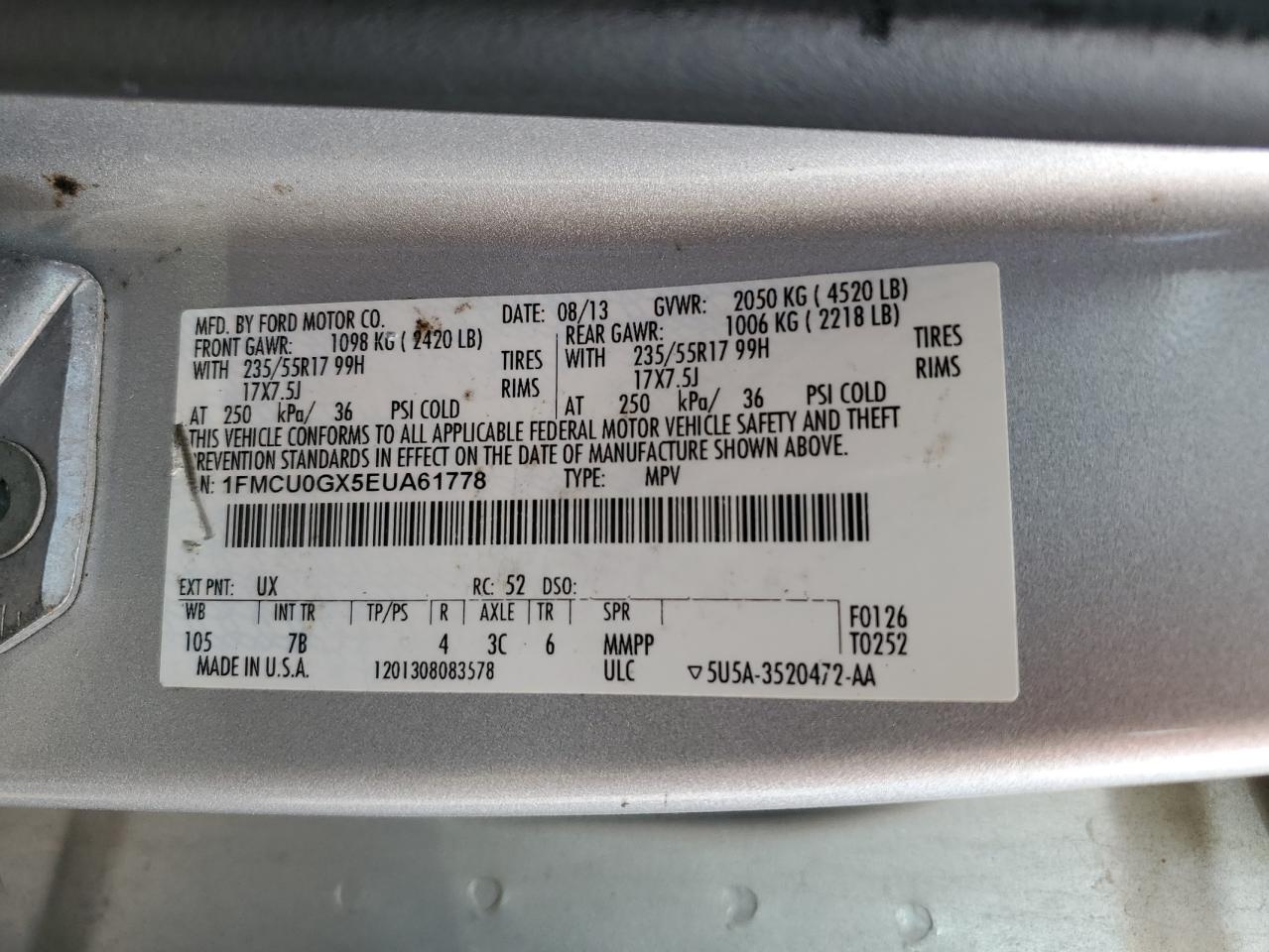 1FMCU0GX5EUA61778 2014 Ford Escape Se