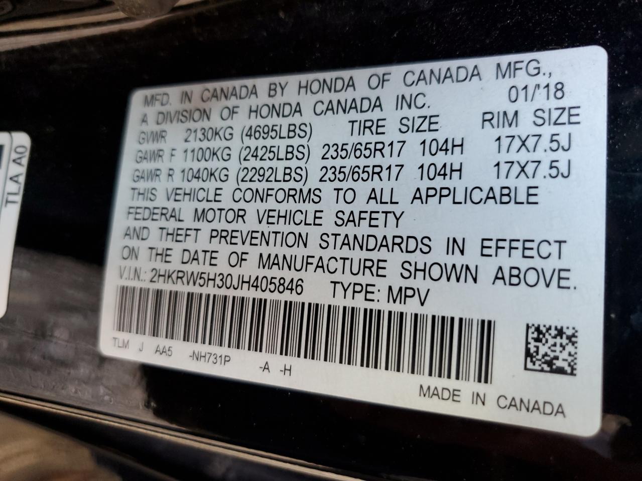 2HKRW5H30JH405846 2018 Honda Cr-V Lx