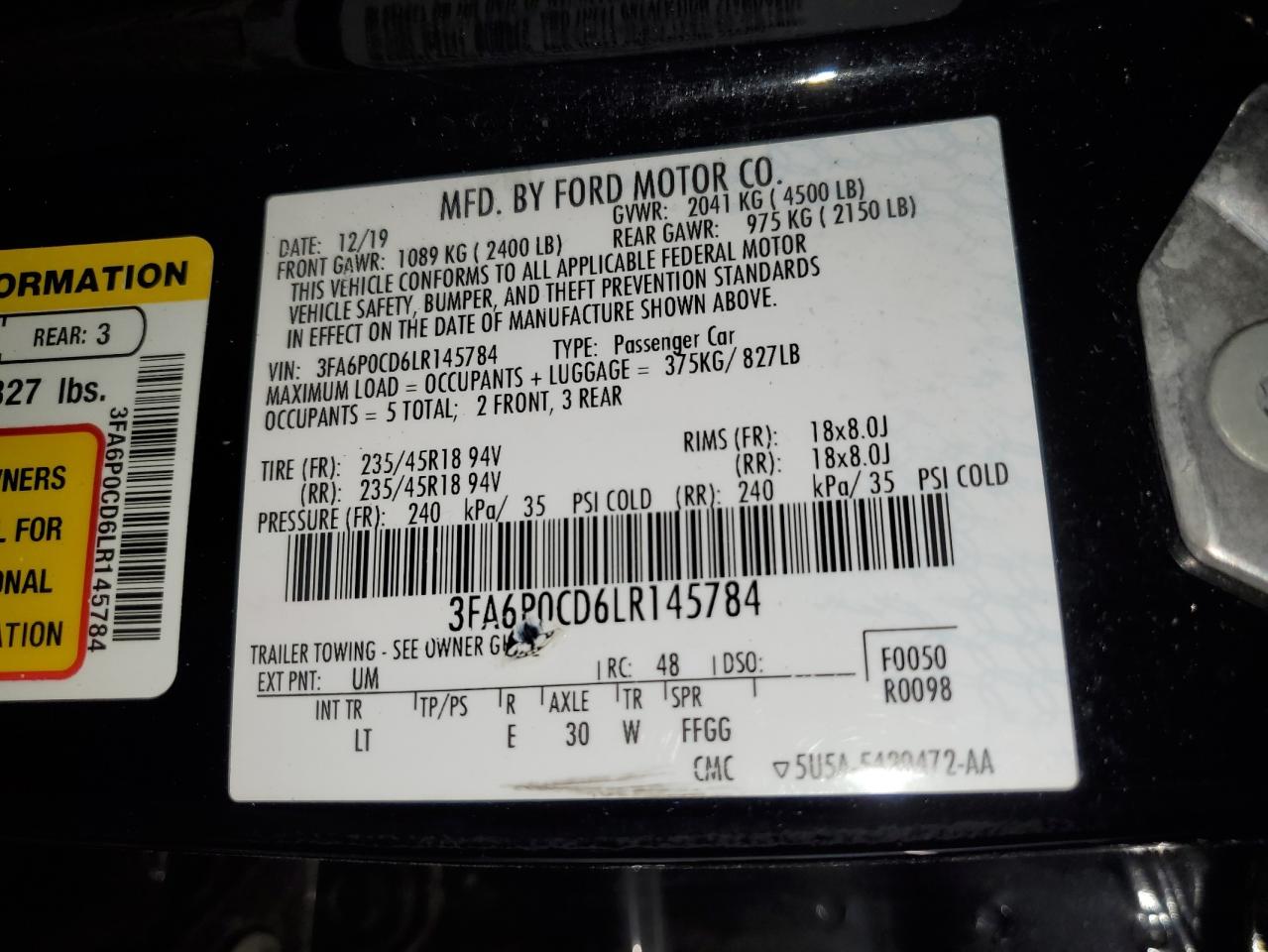 3FA6P0CD6LR145784 2020 Ford Fusion Sel