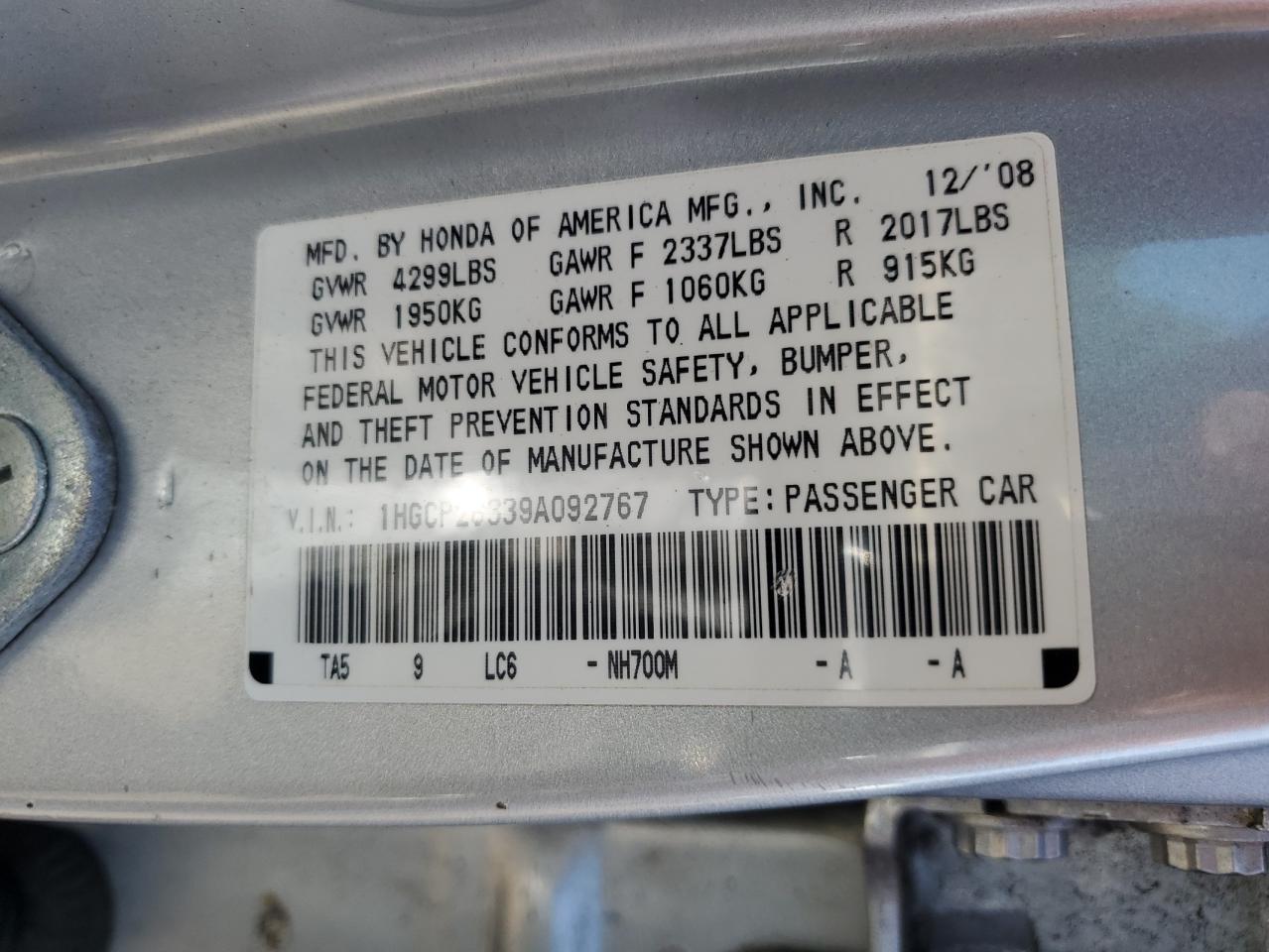 1HGCP26339A092767 2009 Honda Accord Lx