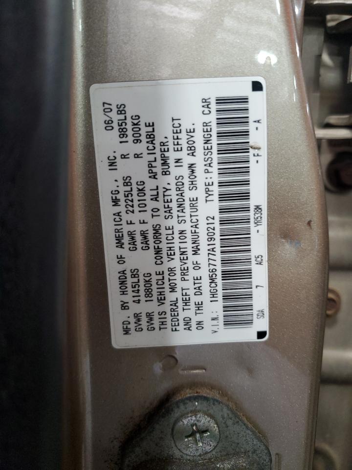 1HGCM56777A190212 2007 Honda Accord Ex