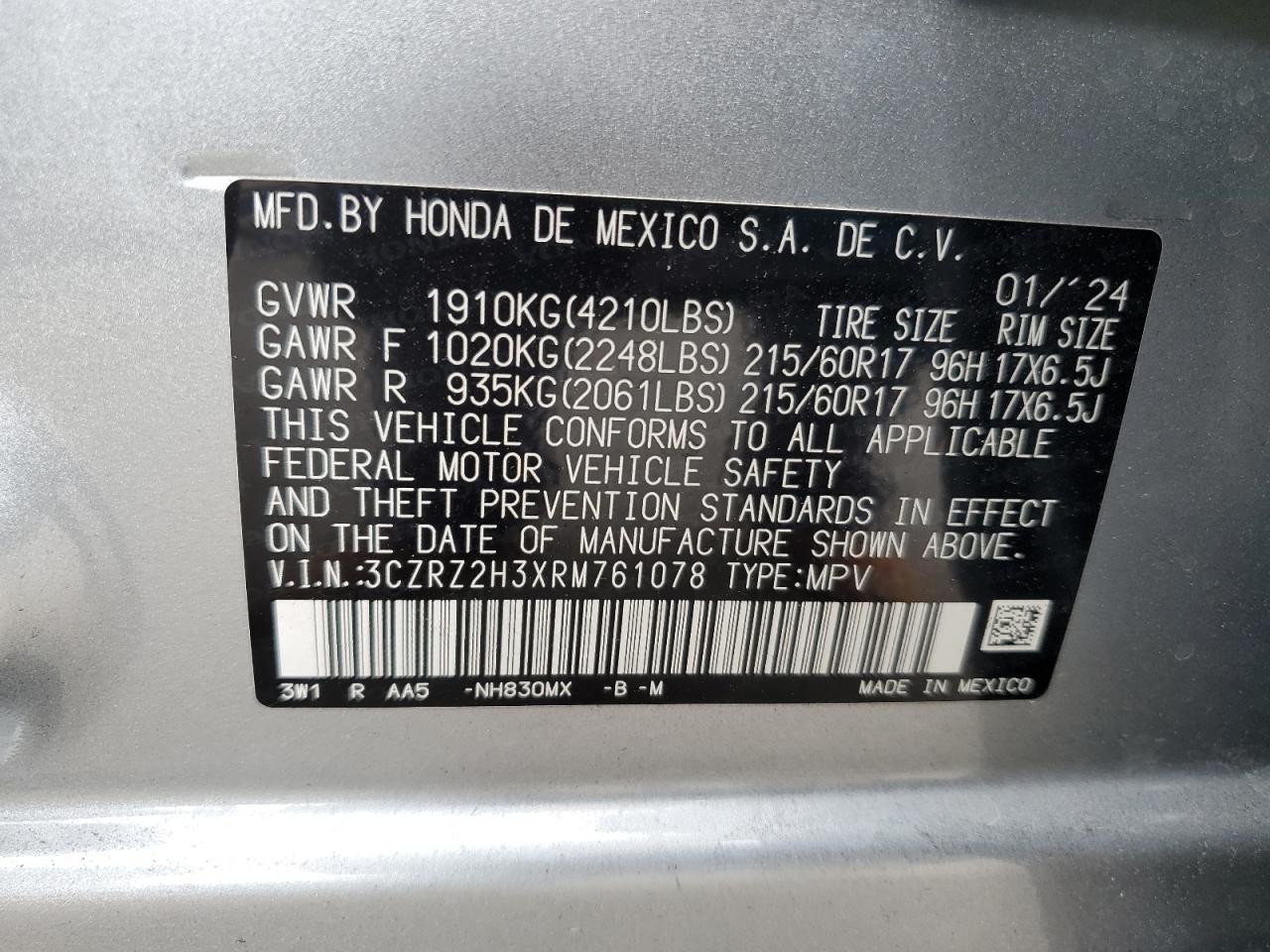 3CZRZ2H3XRM761078 2024 Honda Hr-V Lx