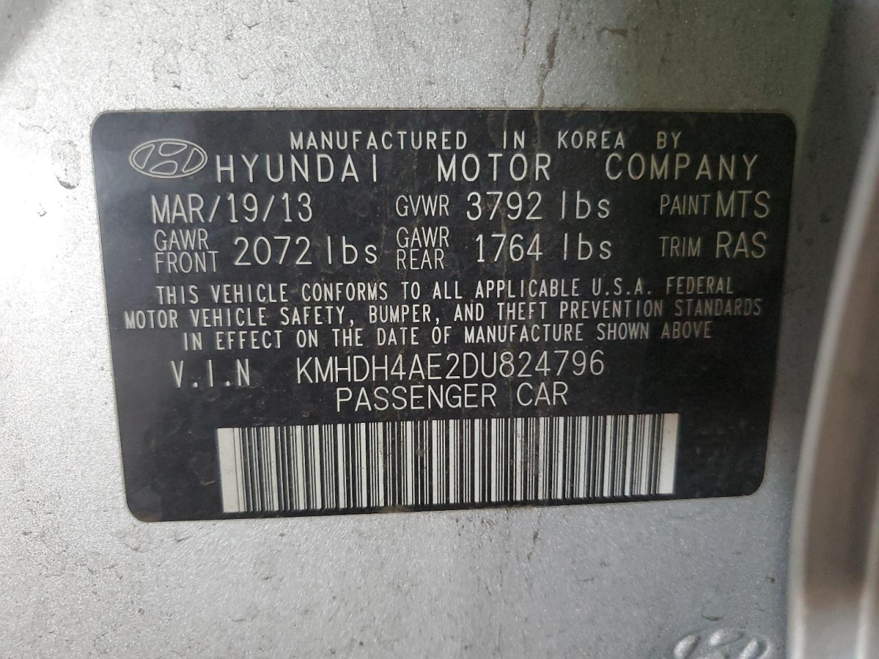 KMHDH4AE2DU824796 2013 Hyundai Elantra Gls