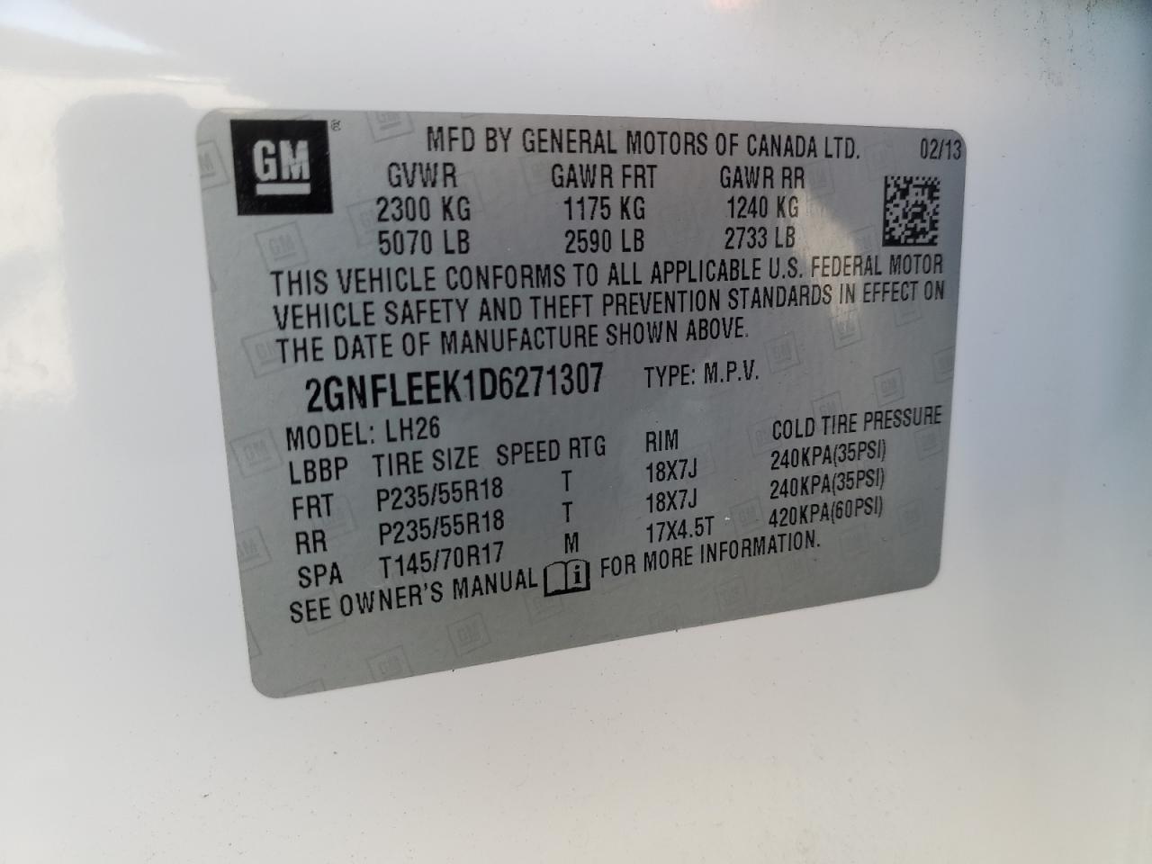 2GNFLEEK1D6271307 2013 Chevrolet Equinox Lt