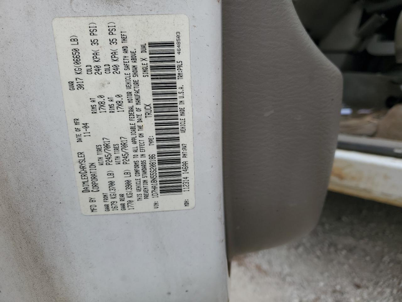 2005 Dodge Ram 1500 St VIN: 1D7HA18N55S208186 Lot: 53460925