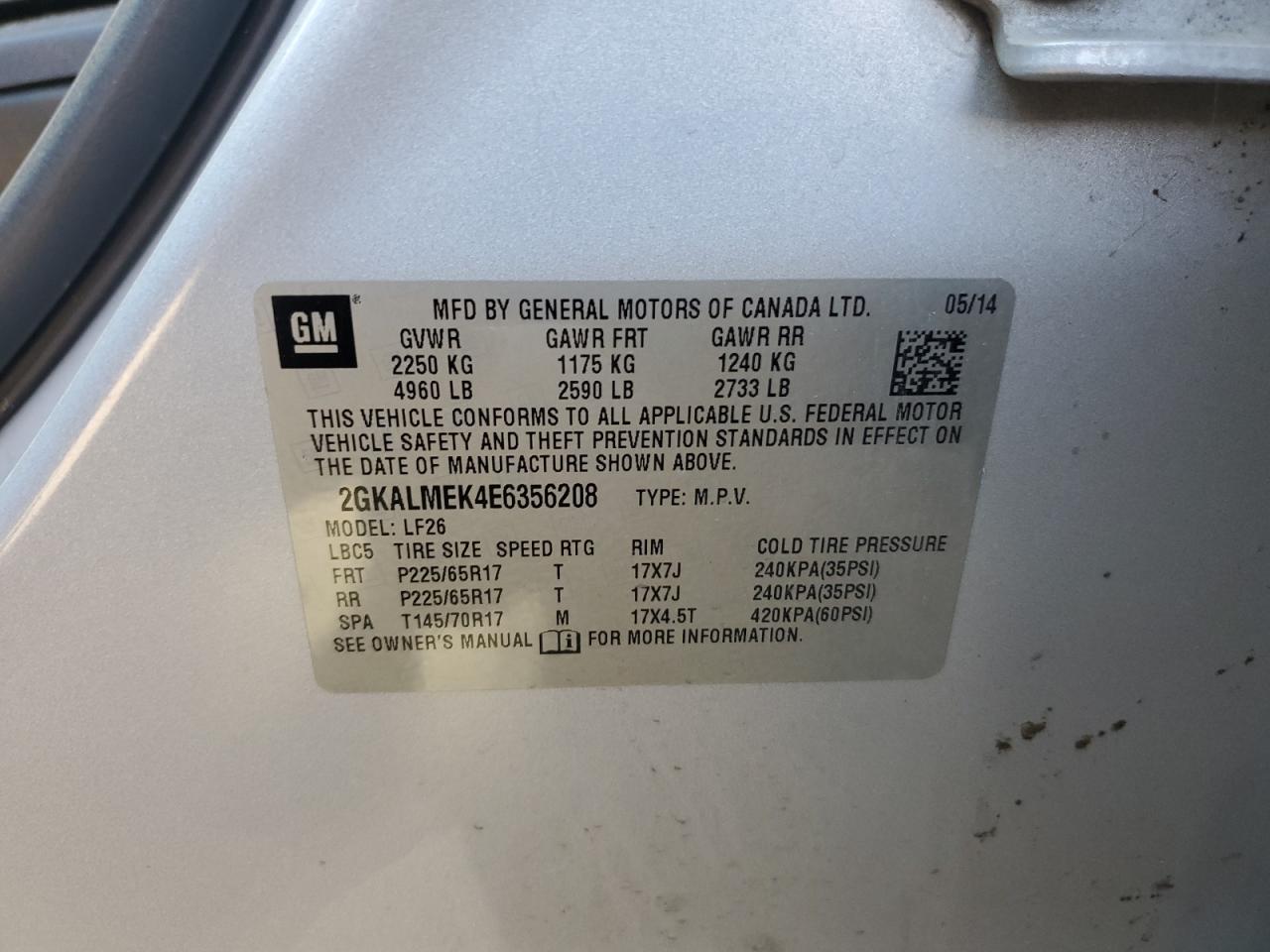 2GKALMEK4E6356208 2014 GMC Terrain Sle