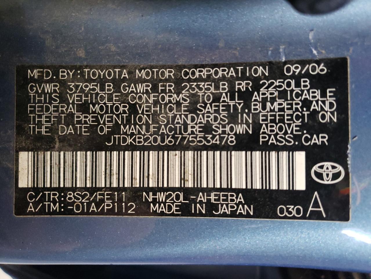 2007 Toyota Prius VIN: JTDKB20U677553478 Lot: 72987124