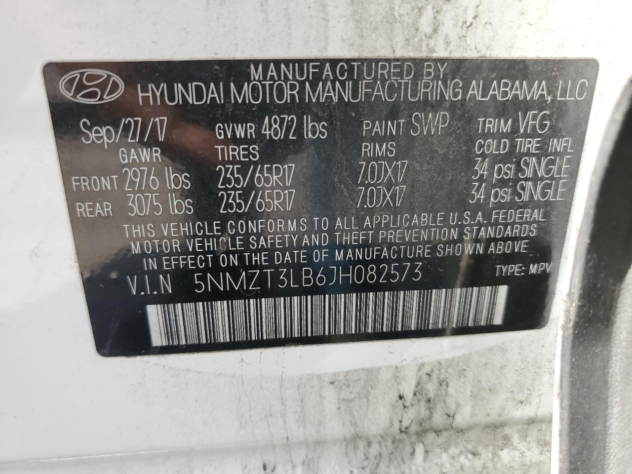 5NMZT3LB6JH082573 2018 Hyundai Santa Fe Sport