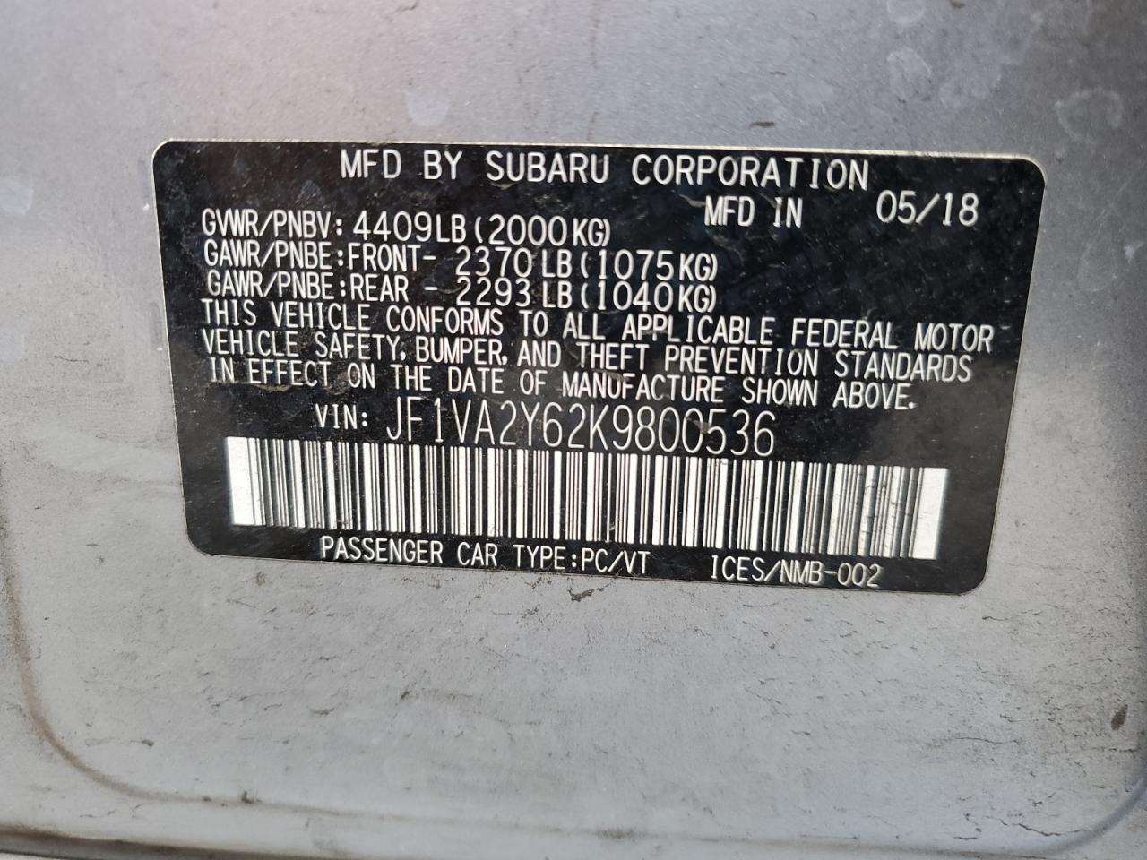 JF1VA2Y62K9800536 2019 Subaru Wrx Sti Limited