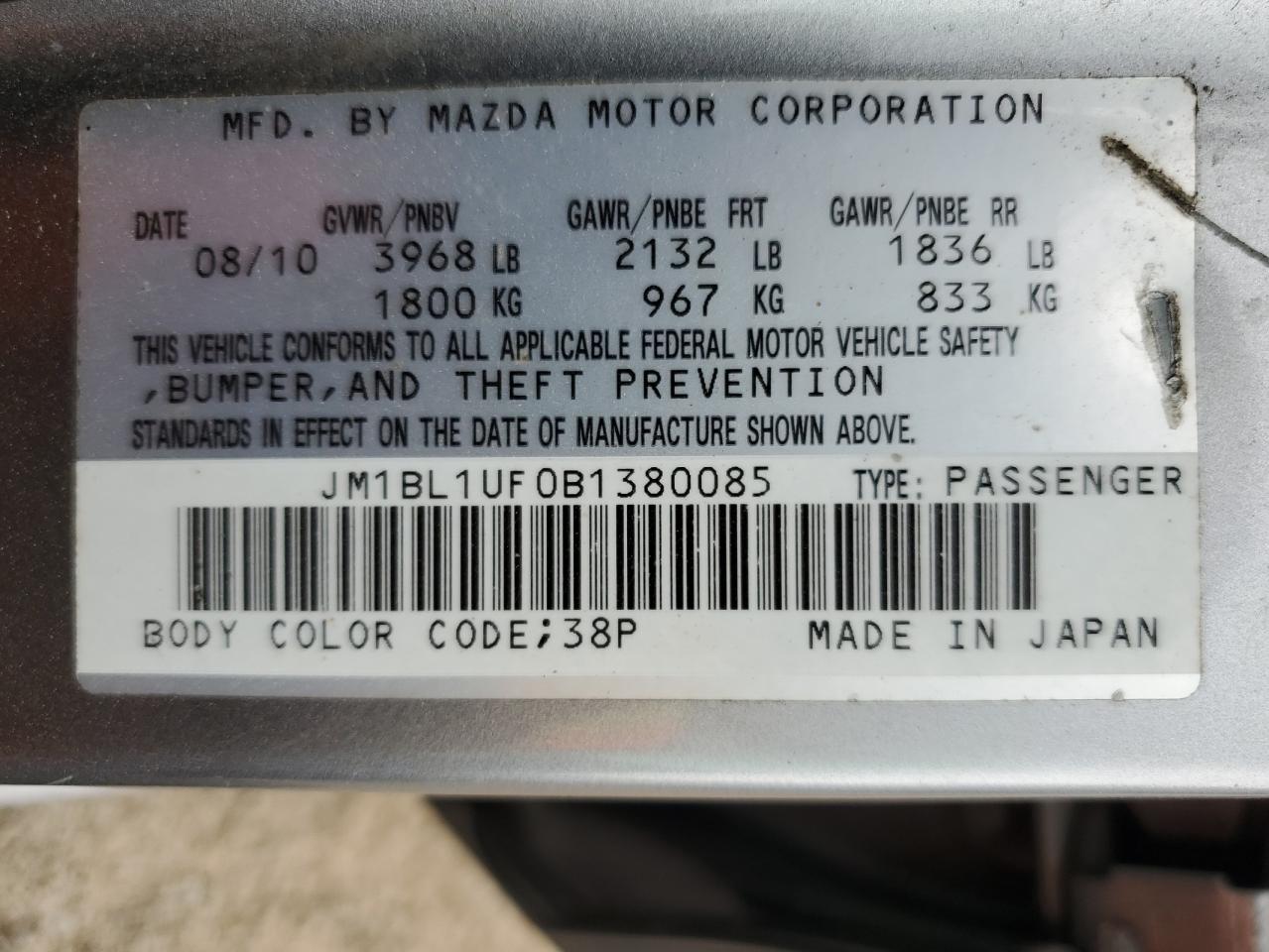 2011 Mazda 3 I VIN: JM1BL1UF0B1380085 Lot: 71275064