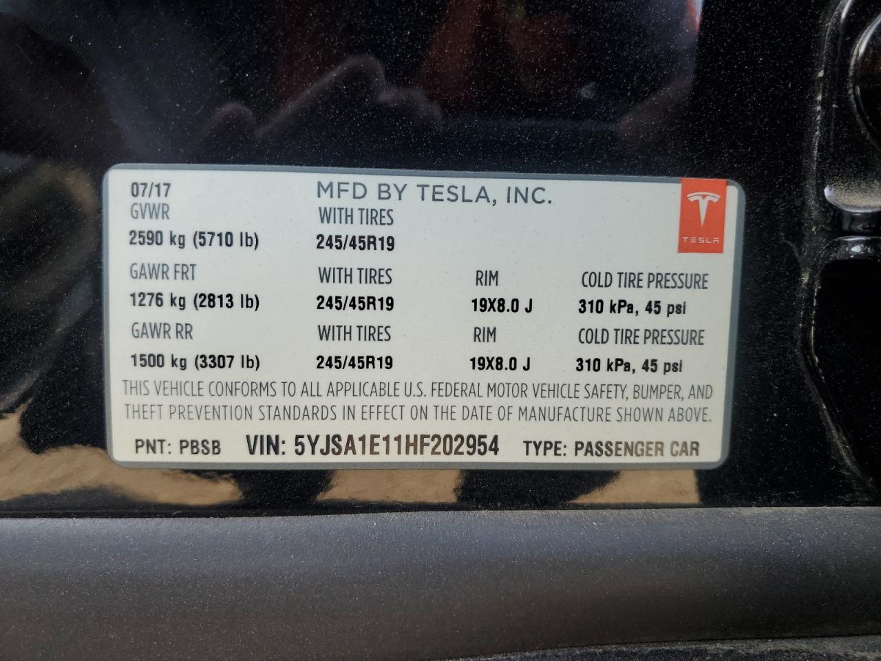 2017 Tesla Model S VIN: 5YJSA1E11HF202954 Lot: 71525394