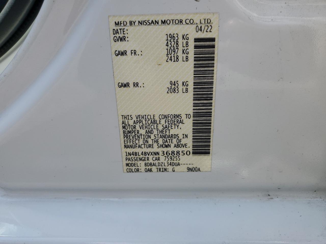 2022 Nissan Altima S VIN: 1N4BL4BVXNN368850 Lot: 71224844