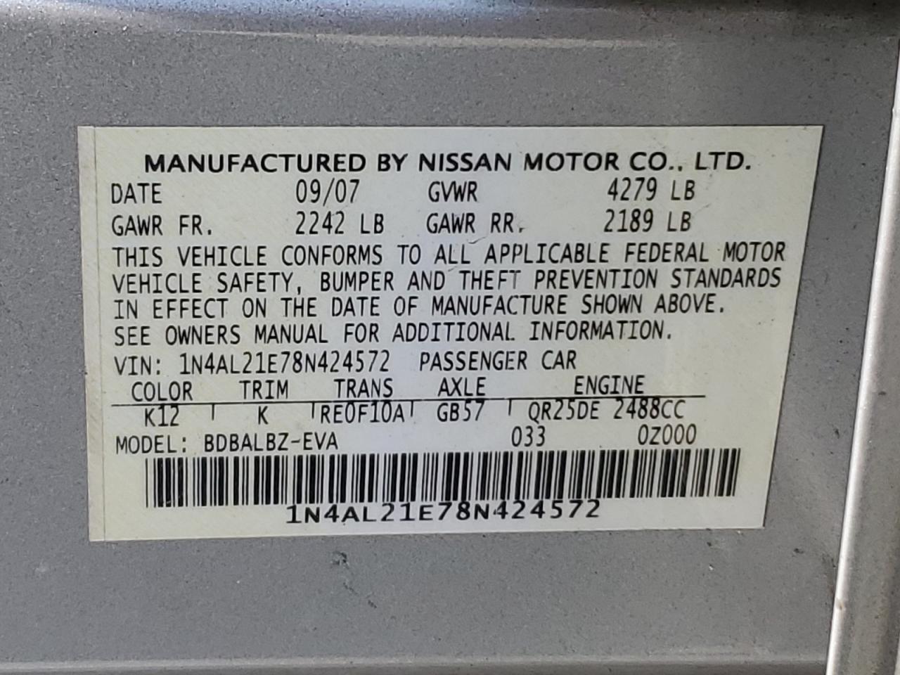 1N4AL21E78N424572 2008 Nissan Altima 2.5