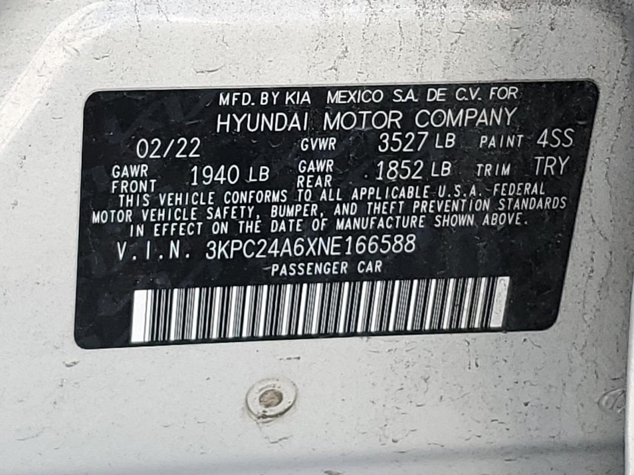 3KPC24A6XNE166588 2022 Hyundai Accent Se