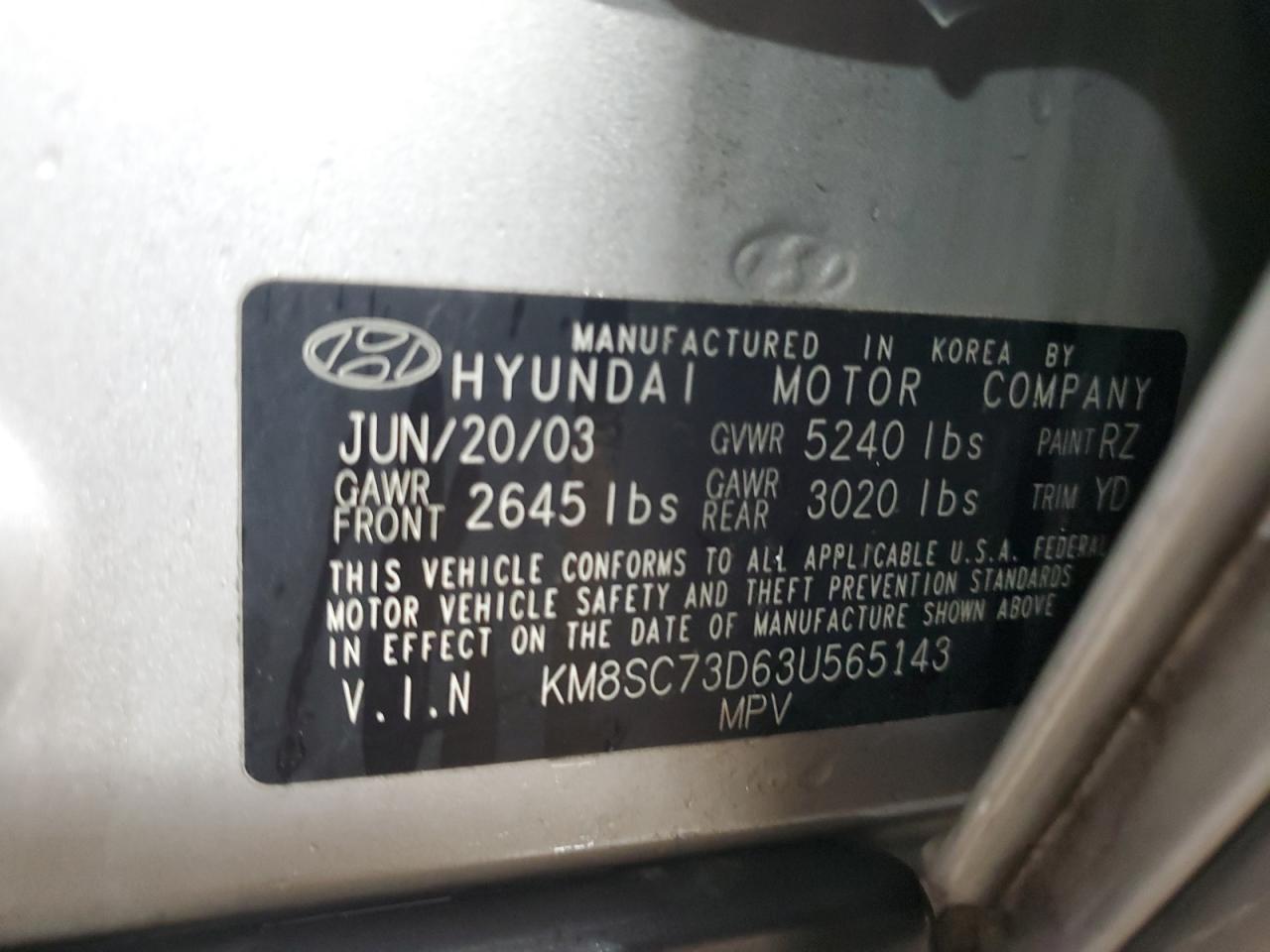 2003 Hyundai Santa Fe Gls VIN: KM8SC73D63U565143 Lot: 72279934