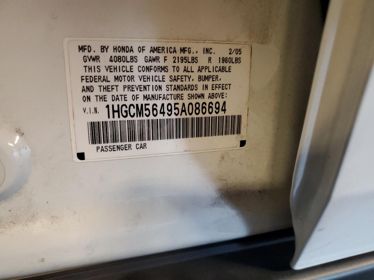 1HGCM56495A086694 2005 Honda Accord Lx