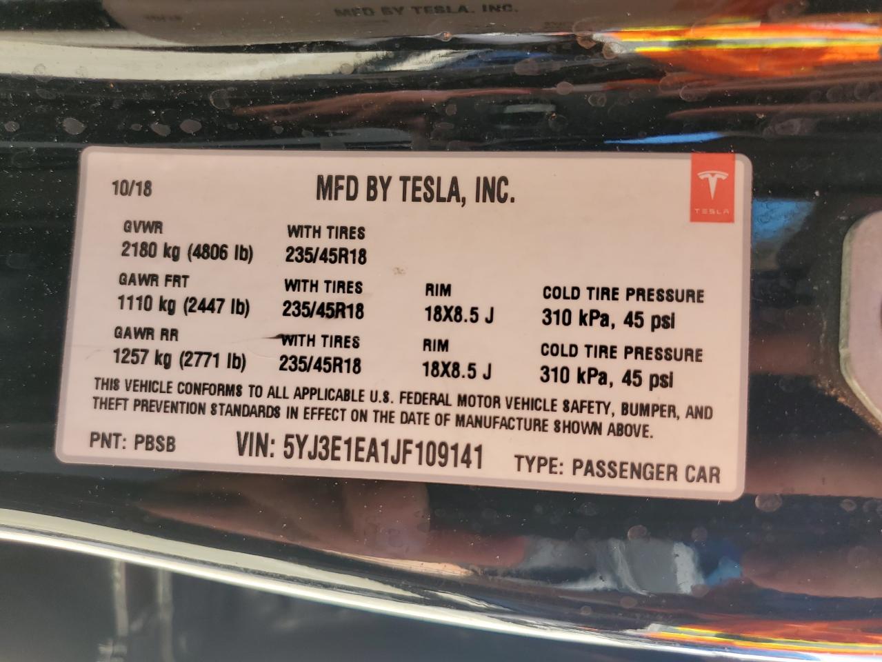 5YJ3E1EA1JF109141 2018 Tesla Model 3