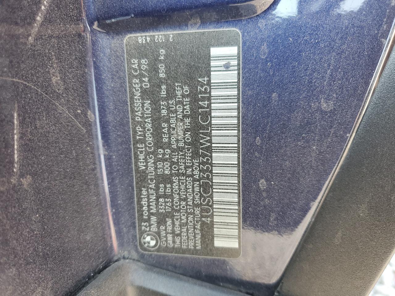 1998 BMW Z3 2.8 VIN: 4USCJ3337WLC14134 Lot: 70004264