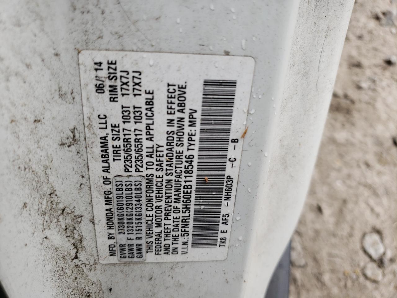 5FNRL5H60EB118546 2014 Honda Odyssey Exl