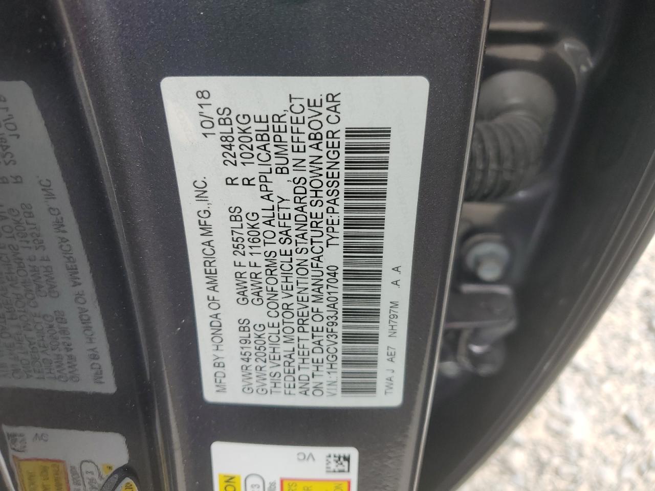 1HGCV3F93JA017040 2018 Honda Accord Touring Hybrid