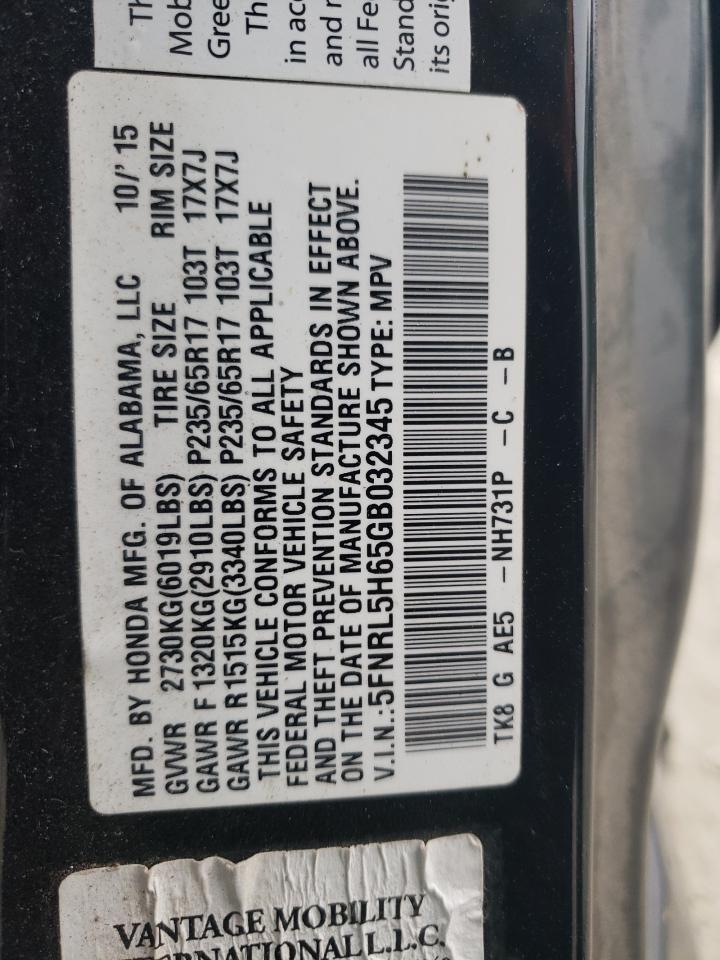 5FNRL5H65GB032345 2016 Honda Odyssey Exl