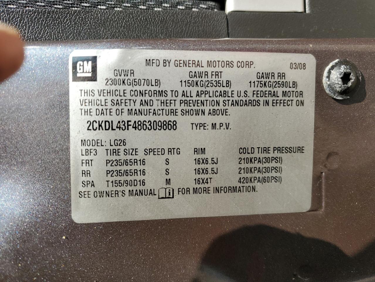 2CKDL43F486309868 2008 Pontiac Torrent