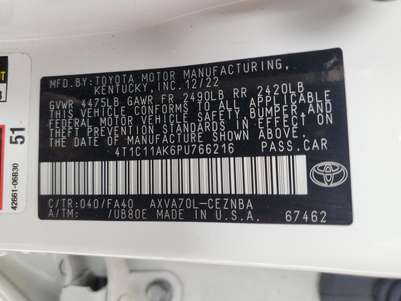 4T1C11AK6PU766216 2023 Toyota Camry Le