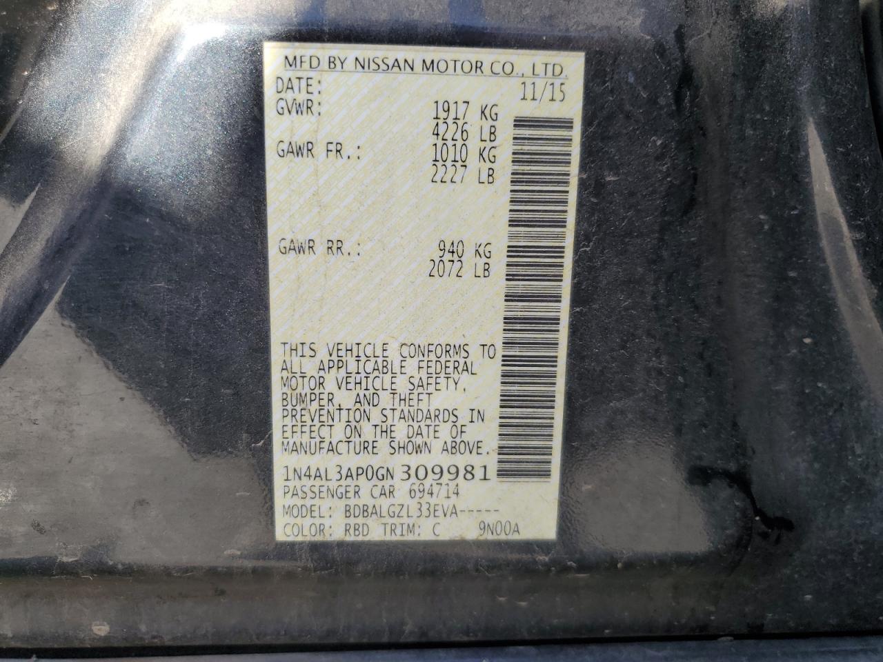 1N4AL3AP0GN309981 2016 Nissan Altima 2.5