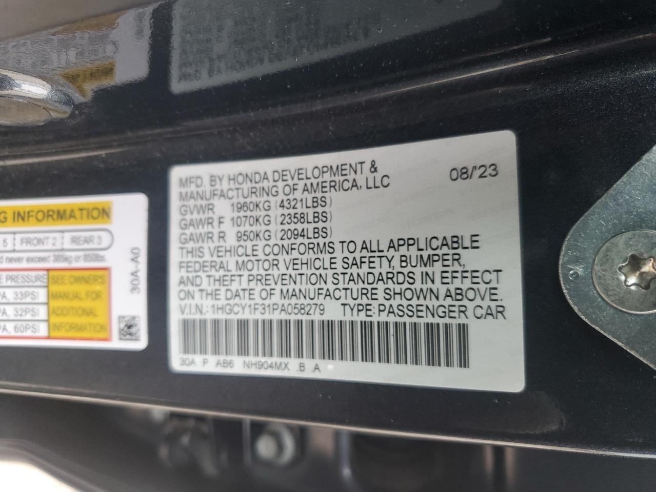 1HGCY1F31PA058279 2023 Honda Accord Ex