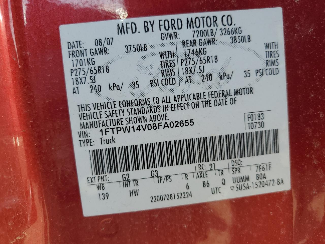 1FTPW14V08FA02655 2008 Ford F150 Supercrew