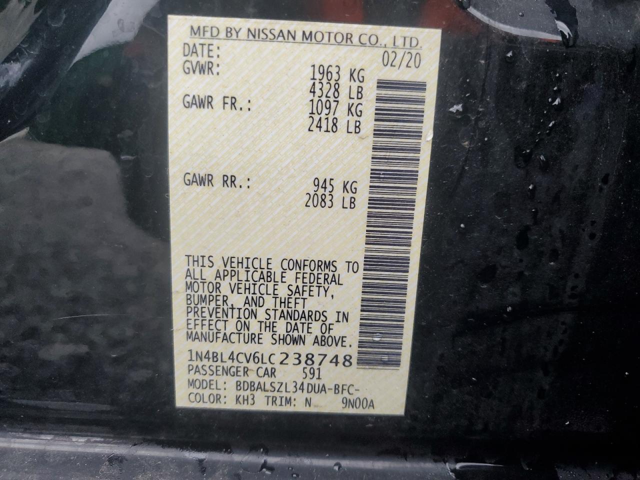 1N4BL4CV6LC238748 2020 Nissan Altima Sr