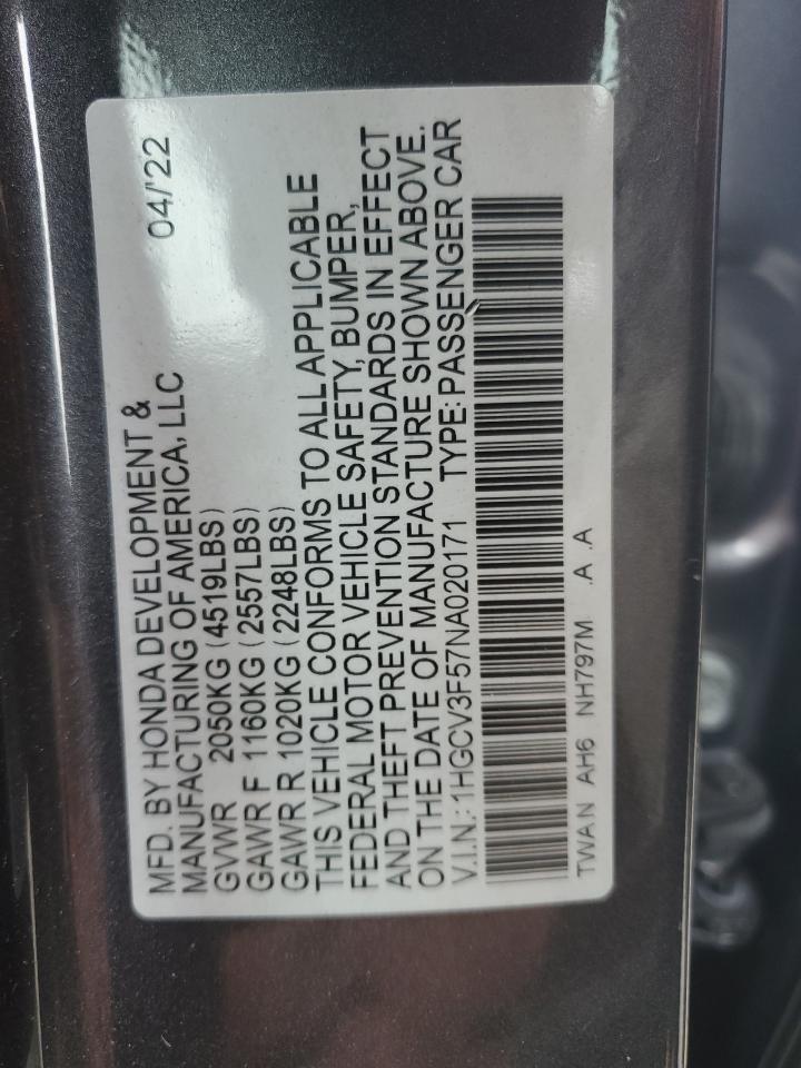 1HGCV3F57NA020171 2022 Honda Accord Hybrid Exl