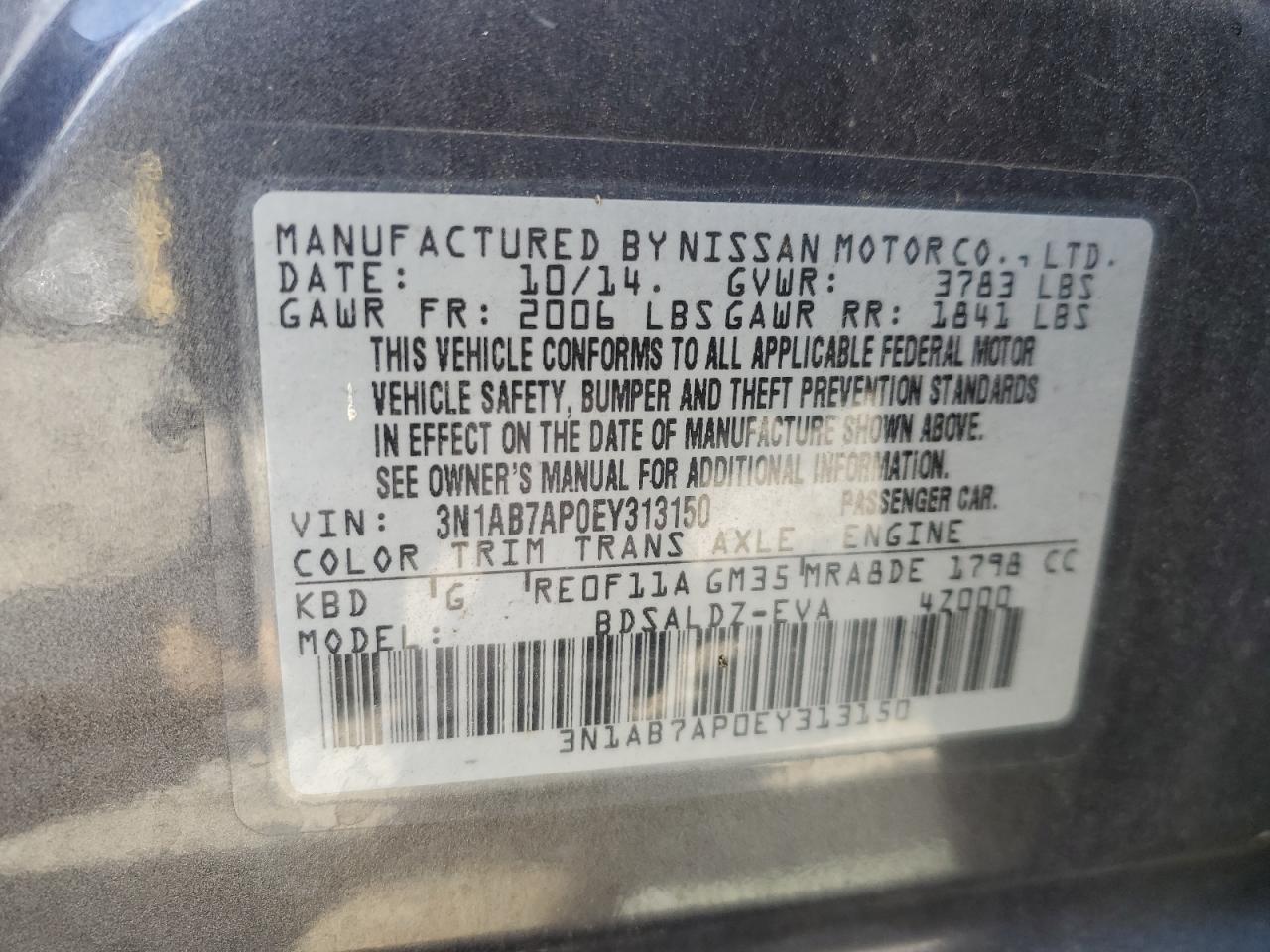 3N1AB7AP0EY313150 2014 Nissan Sentra S