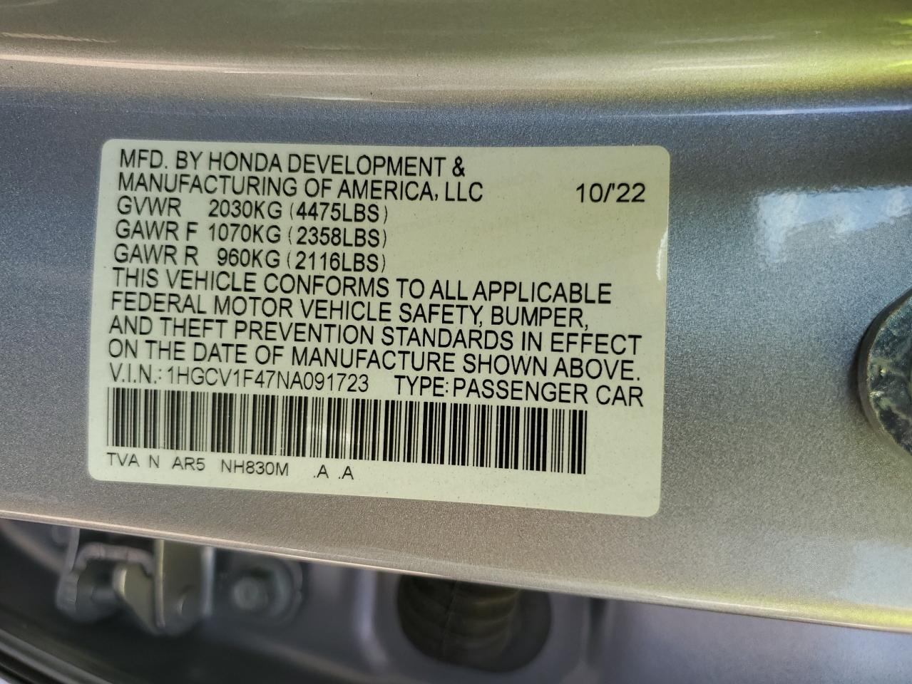 2022 Honda Accord Sport Se VIN: 1HGCV1F47NA091723 Lot: 73451514