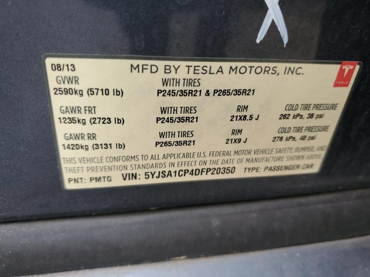 2013 Tesla Model S VIN: 5YJSA1CP4DFP20350 Lot: 72160764