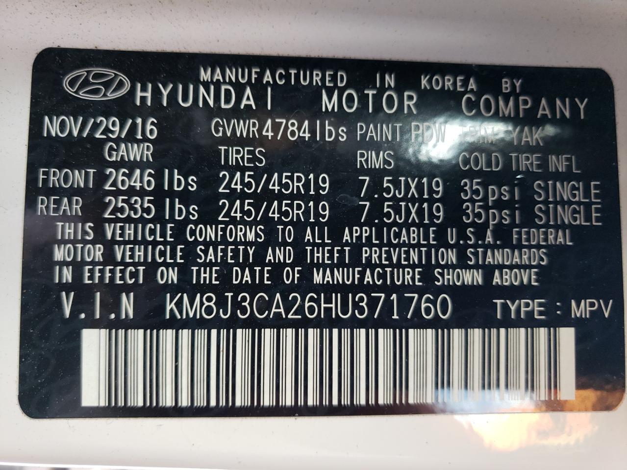 KM8J3CA26HU371760 2017 Hyundai Tucson Limited