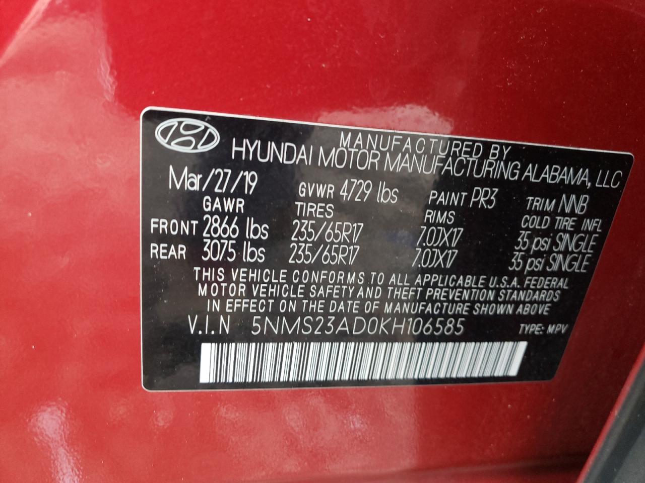 5NMS23AD0KH106585 2019 Hyundai Santa Fe Se