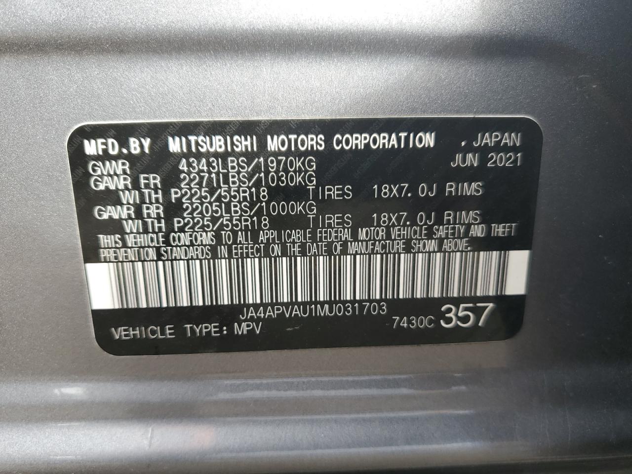 2021 Mitsubishi Outlander Sport Se VIN: JA4APVAU1MU031703 Lot: 61923154