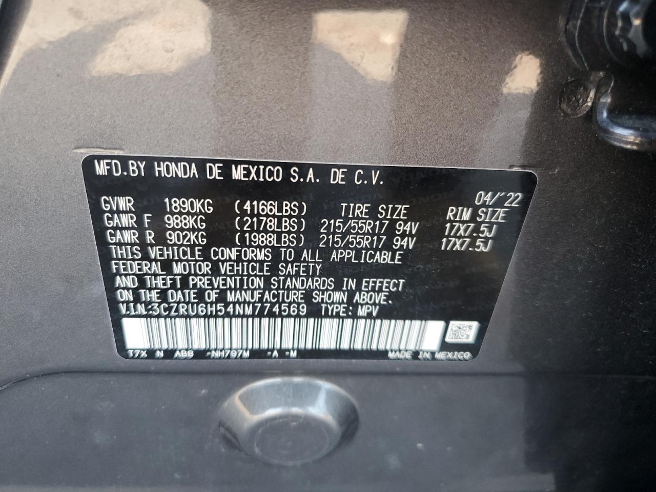 2022 Honda Hr-V Ex VIN: 3CZRU6H54NM774569 Lot: 69895714